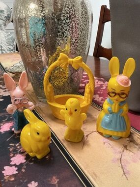 Mid-Century Plastic Easter Basket, Bunnies with Glasses, Peep & Rabbit Rattles